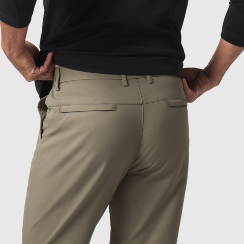 Jetsetter Tech Pant Straight Fit in khaki showcasing back pockets and premium stitching.