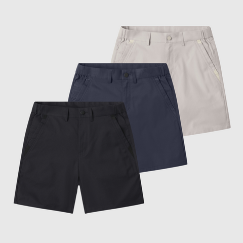 3-pack of Jetsetter Tech Shorts in black, navy, and gray, designed for durability and consistent fit.