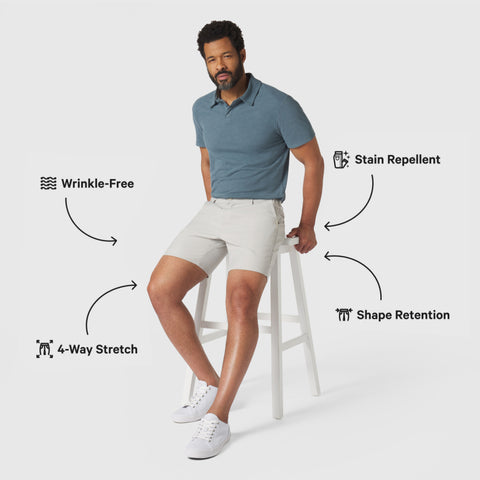 Jetsetter Tech Short 3-Pack featuring wrinkle-free, stain repellent, shape retention, and 4-way stretch.