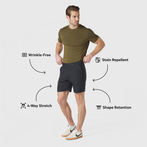 Jetsetter Tech Short with wrinkle-free, stain repellent, 4-way stretch, and shape retention features.