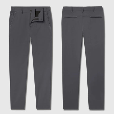 Jetsetter Tech Pant Slim Fit in gray, showcasing front and back views with wrinkle-free and stain-repellent features.