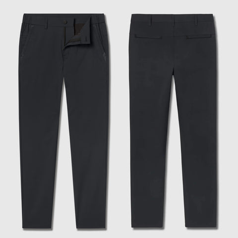 Jetsetter Tech Pant Slim Fit in black showcasing front and back view, wrinkle-free and stain-repellent with rebound stretch fabric.