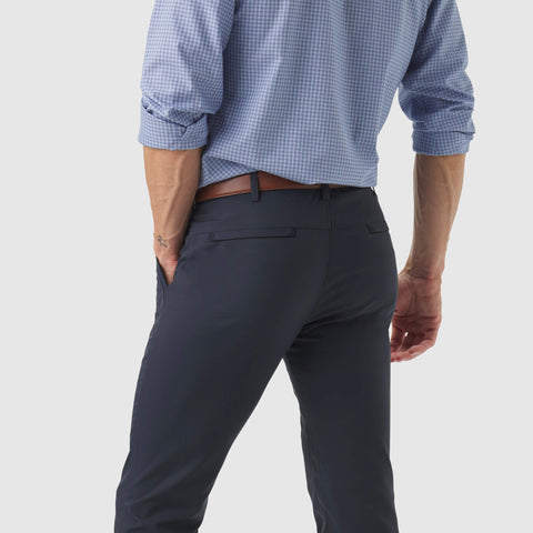 Jetsetter Tech Pant Slim Fit in navy, showcasing wrinkle-free and travel-friendly design.