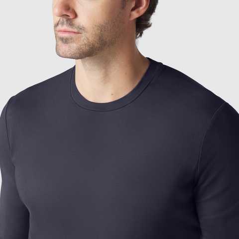 Precision Long Sleeve Tee in navy blue, featuring a soft organic cotton fabric and a tailored fit.