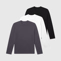 Precision Long Sleeve Tee 3-Pack in black, white, and gray, made from organic cotton.