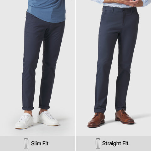 Jetsetter Tech Pant Slim Fit in navy, shown in slim and straight fit styles.