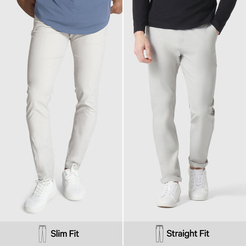 Slim fit Jetsetter Tech Pant showcasing two styles, highlighting versatility and comfort.