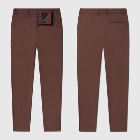 Jetsetter Tech Pant Slim Fit in brown, front and back view, featuring wrinkle-free and stain-repellent fabric.