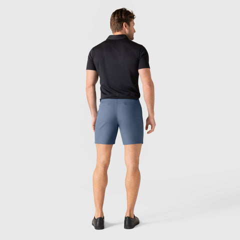 Jetsetter Tech Short displayed from the back, showcasing its sleek design and innovative fabric in blue.