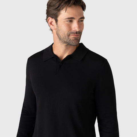 Legacy Polo Sweater in black, premium viscose blend knitwear.