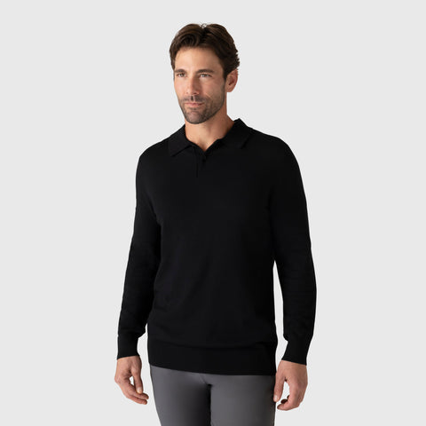 Man wearing a Legacy Polo Sweater made from premium viscose blend, showcasing its refined and versatile design.