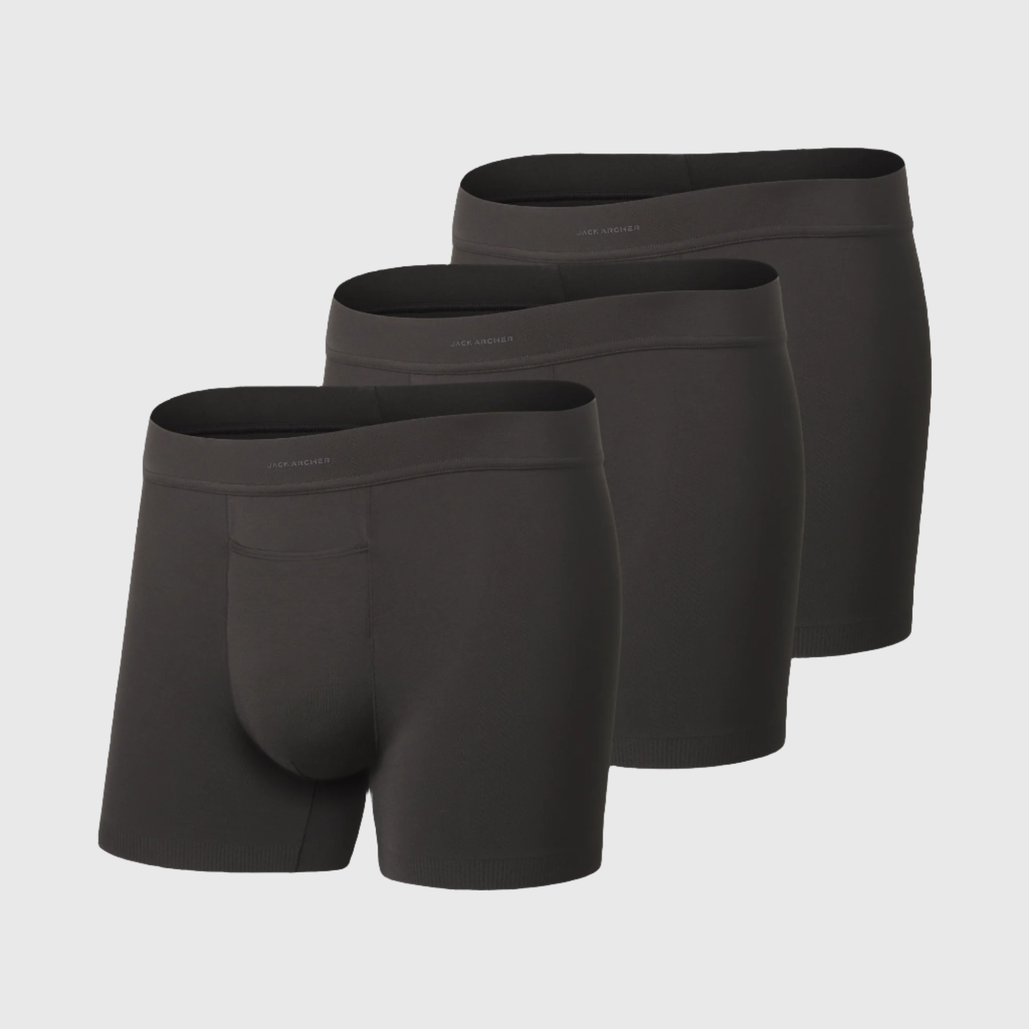 Three pairs of black men's boxer briefs displayed on a plain background.