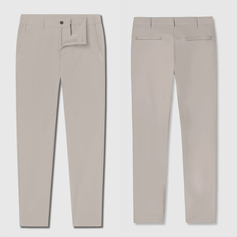 Jetsetter Tech Pant Slim Fit in beige, front and back view, showcasing wrinkle-free, stain-repellent fabric.