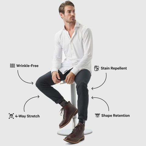 Jetsetter Tech Pant Slim Fit features like wrinkle-free, stain repellent, 4-way stretch, and shape retention.