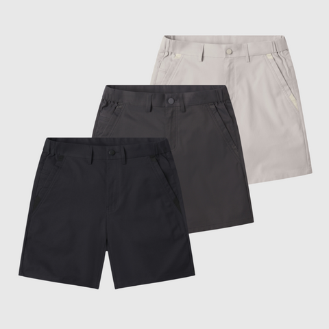 Jetsetter Tech Short 3-Pack in black, gray, and beige colors with innovative fabric.