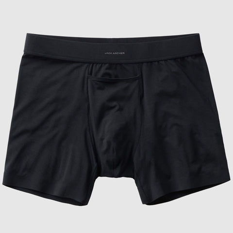 Jetsetter Boxer Brief in black made from smooth MicroModal® fabric with a supportive Zero-G pouch and horizontal fly.